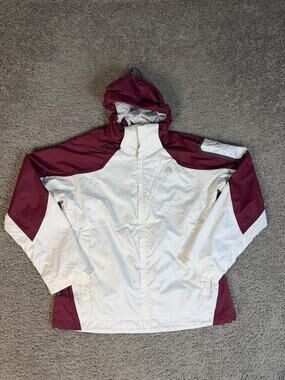 Nike ACG Jacket Womens M Maroon White Rain Coat Hooded Lined Water Resistant